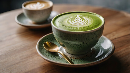 A cup of matcha latte with artistic foam in an aesthetic setting.