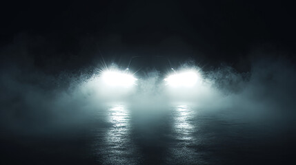 Naklejka premium White car headlight beam top view isolated on dark transparent background, smoky or foggy effect. Auto or bus spot lamp flash at night with vapor clouds realistic vector 3d set illustration