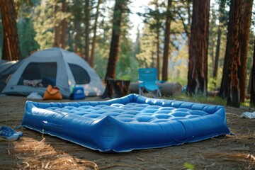 Blue inflatable camping mattress is lying on the ground at a campsite in a forest, providing comfortable sleeping arrangements for outdoor adventures