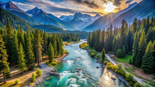 Pahalgam's Lidder River: serene Kashmir valley unfolds, captured by drone in tranquil beauty.