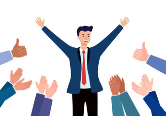 Happy and proud businessman with many hands clapping and thumbs up hands around him. Business compliment concept. - obrazy, fototapety, plakaty