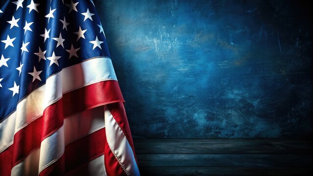 Patriotic American flag backdrop with ample dark blue copy space, ideal for architectural or celebratory designs.