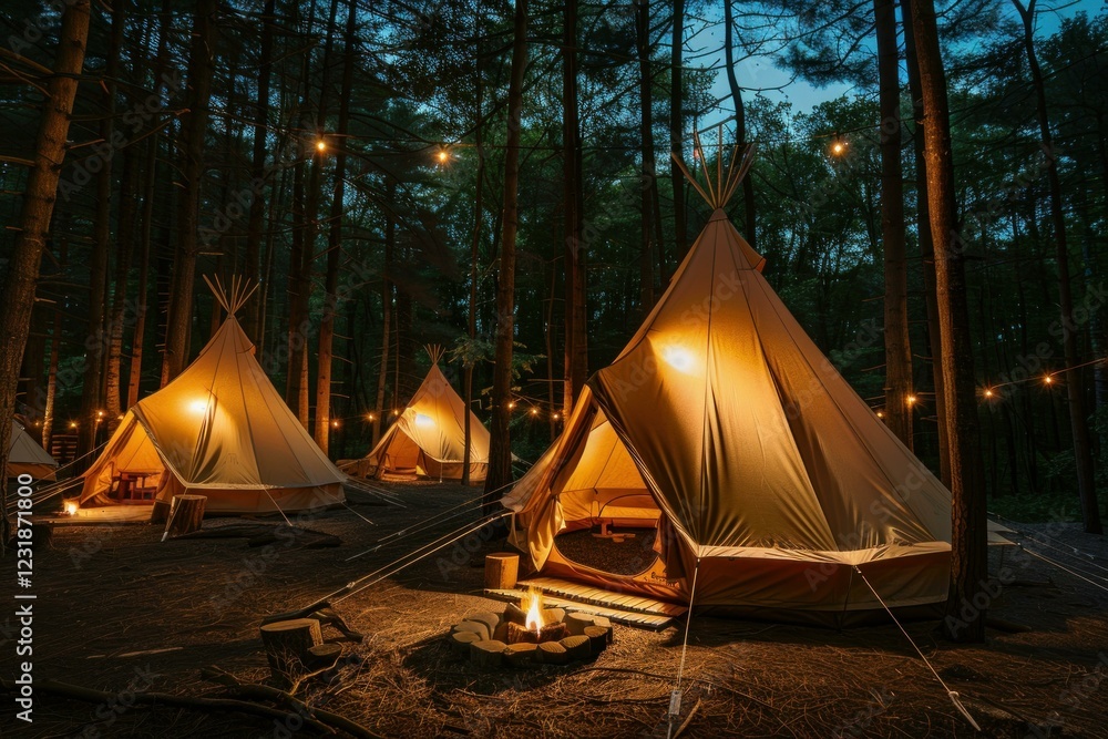 Poster illuminated teepee tents create a cozy and enchanting atmosphere in a tranquil forest setting at twi