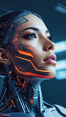 Futuristic female cyborg with glowing orange accents and high-tech facial design, representing AI evolution and technological advancements