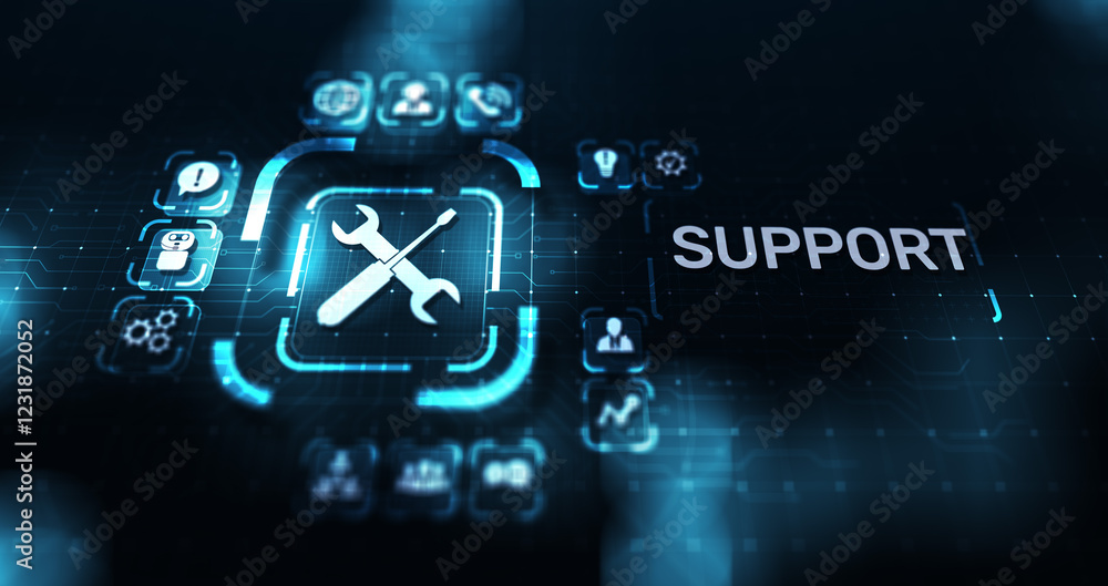 Poster Support button on virtual screen. Customer service and communication concept.