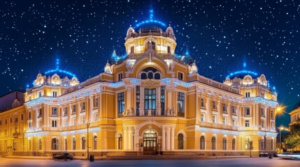 Beautiful Illuminated Night Architecture, Dramatic Building With Lights Under The Starry Sky
