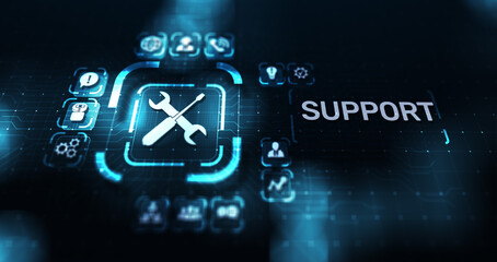 Support button on virtual screen. Customer service and communication concept.