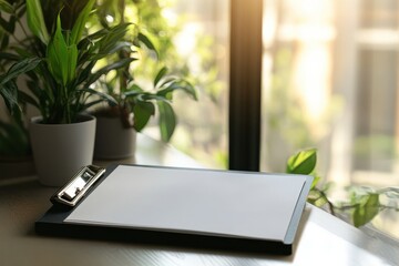 Fototapeta premium Sunlit workspace with blank paper on clipboard by window and green plants