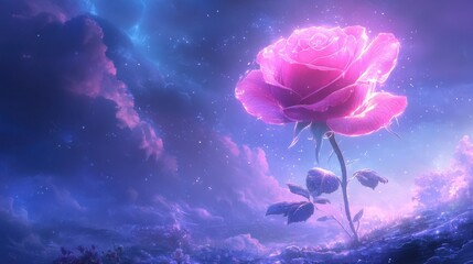 Obraz premium Glowing Pink Rose in a Dreamlike Celestial Landscape