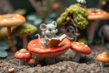 A little mouse reading a book sitting on a mushroom in a fantasy forest. Concept of children's story books and fairy tales.