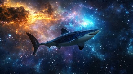 Naklejka premium A whale shark swims through a vibrant nebula in space.