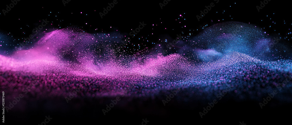 Poster floating glitter particles create an ethereal atmosphere against a dark background