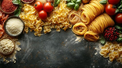 Top view of Various types delicious dry Pasta for making food on table, raw ingredients background concept, ready to cook concept