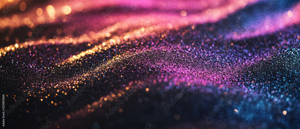 Poster glitter texture with shimmering particles creating a three-dimensional effect on a dark background