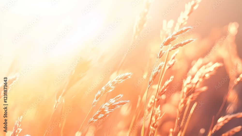Poster warm sunlight shining on grass stalks in a meadow during the golden hour, creating a tranquil and se