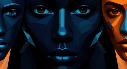 Abstract portrait of three stylized faces with geometric features and vibrant colors