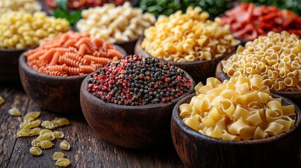 Top view of Various types delicious dry Pasta for making food on table, raw ingredients background concept, ready to cook concept