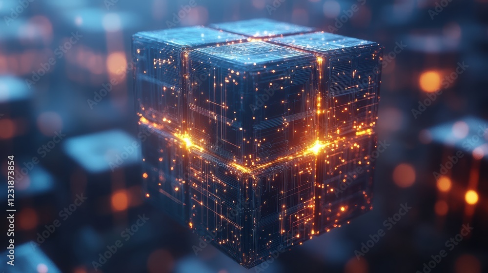 Poster A mesmerizing 3D cube composed of glowing particles, showcasing an abstract representation of digital innovation and futuristic technology.