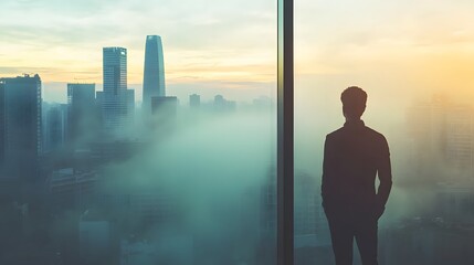 Plakat A man standing by a window, looking out over a foggy city skyline in the morning