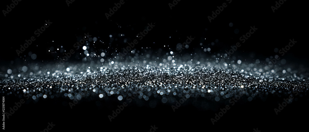 Poster glitter particles create a dreamy bokeh effect on a black background