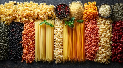 Top view of Various types delicious dry Pasta for making food on table, raw ingredients background concept, ready to cook concept