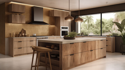 A hyper-realistic depiction of an eco-friendly kitchen, designed with biodegradable materials and powered by solar energy for sustainability.