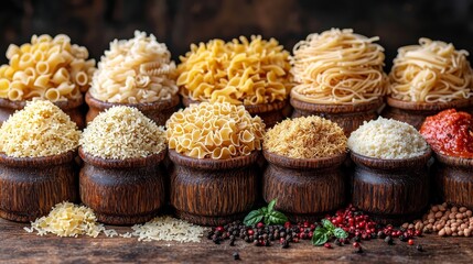 Top view of Various types delicious dry Pasta for making food on table, raw ingredients background concept, ready to cook concept