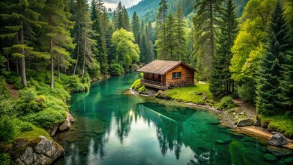 Fototapeta premium Rustic river cabin, minimalist wood design. Serene forest escape, stunning photography.