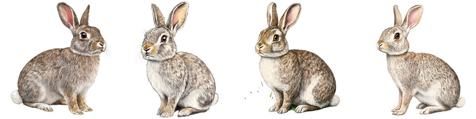 Obraz premium Adorable rabbits and hares sitting hopping and exploring in a natural outdoor environment like a meadow field or grassland Closeup portraits of these small fluffy