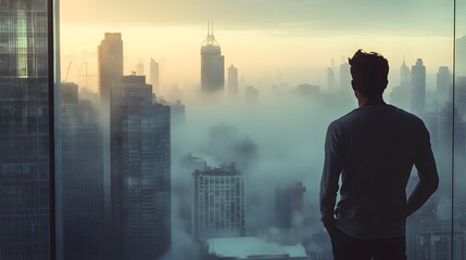 Plakat A man standing by a window, looking out over a foggy city skyline in the morning