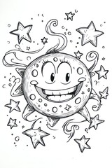 A cartoon sun with a big smile and stars around it.
