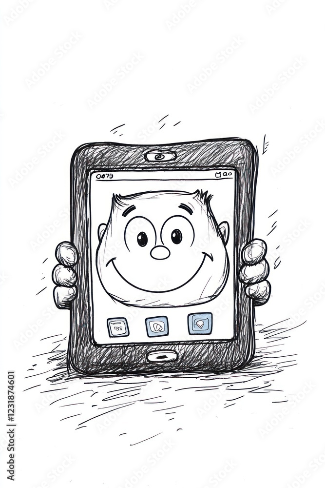 Poster a cartoon tablet computer with a smiling face on the screen.