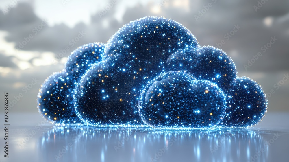 Poster a mesmerizing glowing cloud formation, illuminated with blue lights and sparkling effects, evokes a 
