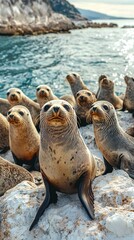 Fototapeta premium HD Phone Wallpaper Australian Sea Lions Resting on Rocks near Ocean Wildlife Group