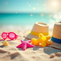 Beach Vibes A Colorful Array of Sunny Accessories on Sand