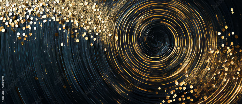 Poster glittering particles form circular patterns against a black background