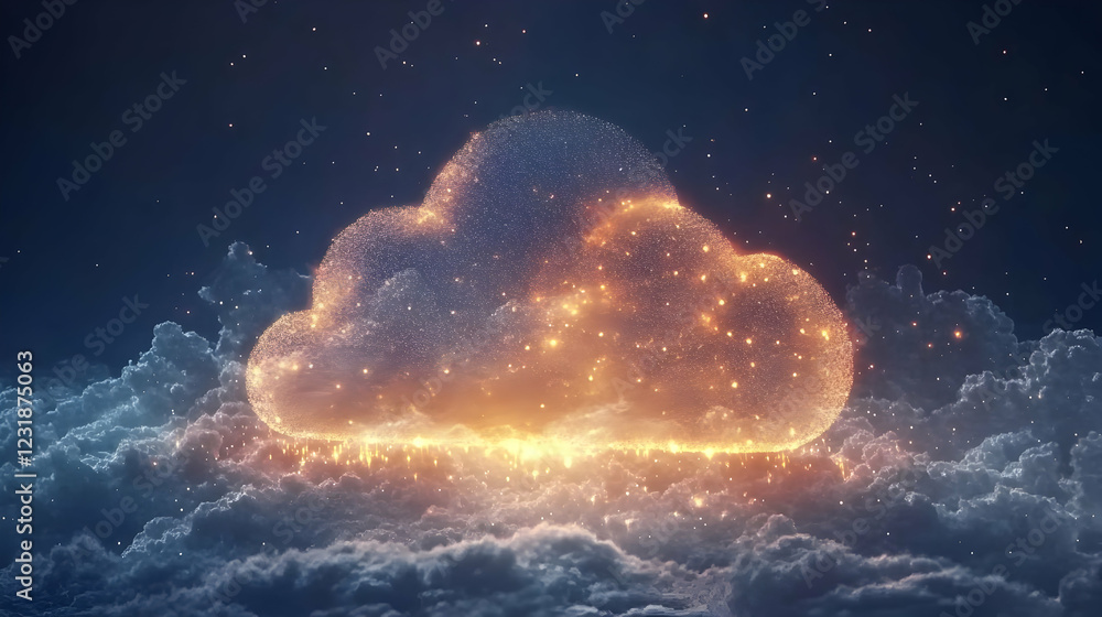 Poster glowing cloud computing symbol above clouds