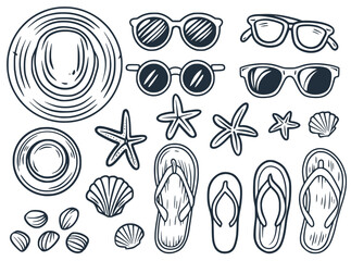 Summer vacation elements featuring hand sketched sunglasses, flip flops, seashells, starfish, and sun hats representing tropical leisure and travel mood