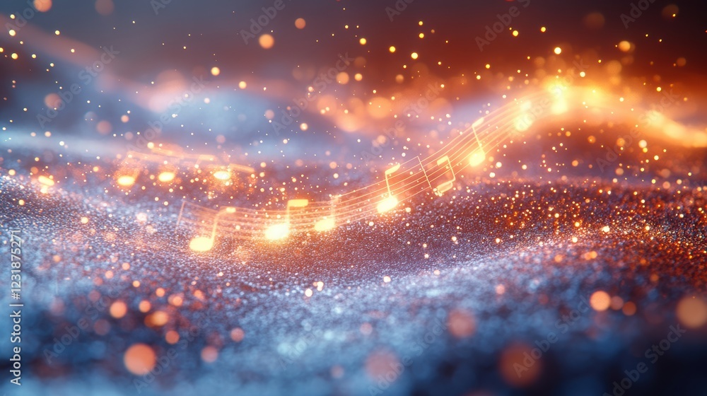 Poster a mesmerizing visual representation of music waves, illuminated with vibrant colors and sparkling li