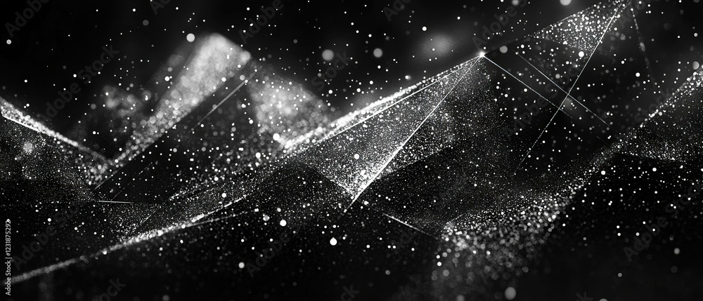 Poster glittering geometric shapes create a dynamic overlay texture on a dark background