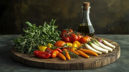 Fresh vegetables arranged on a rustic wooden cutting board, paired with a bottle of olive oil