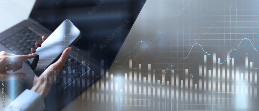 Poster data visualization and analytics insights on a wide banner, business and technology concept.