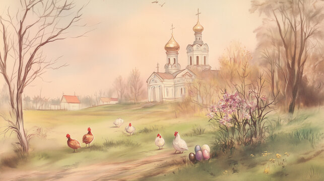 Orthodox church, Easter mood, vintage postcard, early spring landscape