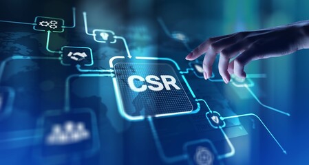 CSR Corporate Social Responsibility Promoting Ethical Practices and Community Engagement, projection on a virtual screen, Business and Technology Concept.