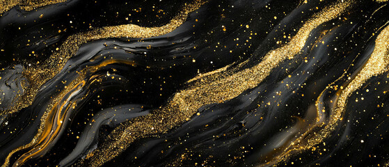 Sparkling glitter texture resembling molten gold on a deep black background creates a luxurious feel