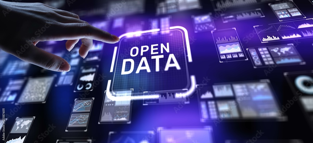 Aufkleber open data promoting transparency and accessibility, projection on a virtual screen, business and tec