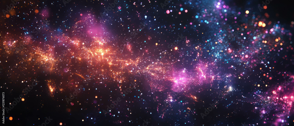Poster glittering particles create a celestial atmosphere against a black background