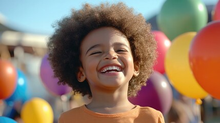 A happy boy smiling while holding a bunch of colorful balloons, perfect for kids' party or celebration