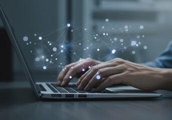 Hands typing on a laptop, overlaid with a glowing data network. Modern, tech-focused, productive