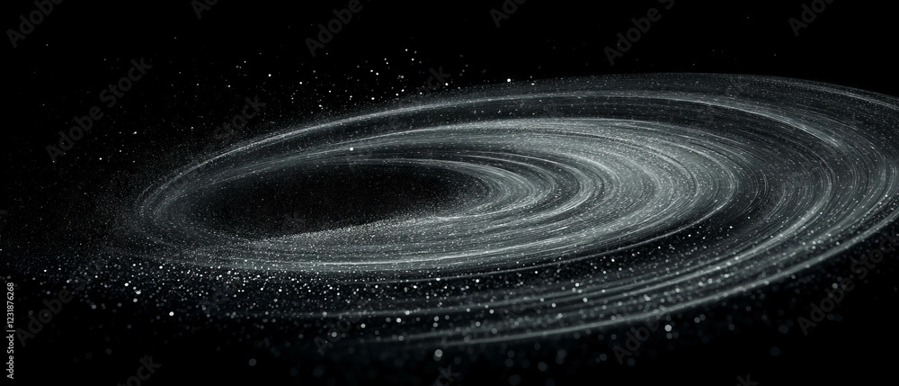 Poster dynamic glitter particles swirling in a circular motion on a black background